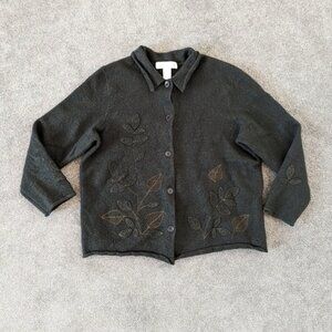 Jones New York Flower Embroidered Wool Cardigan Women's Large Dark Green